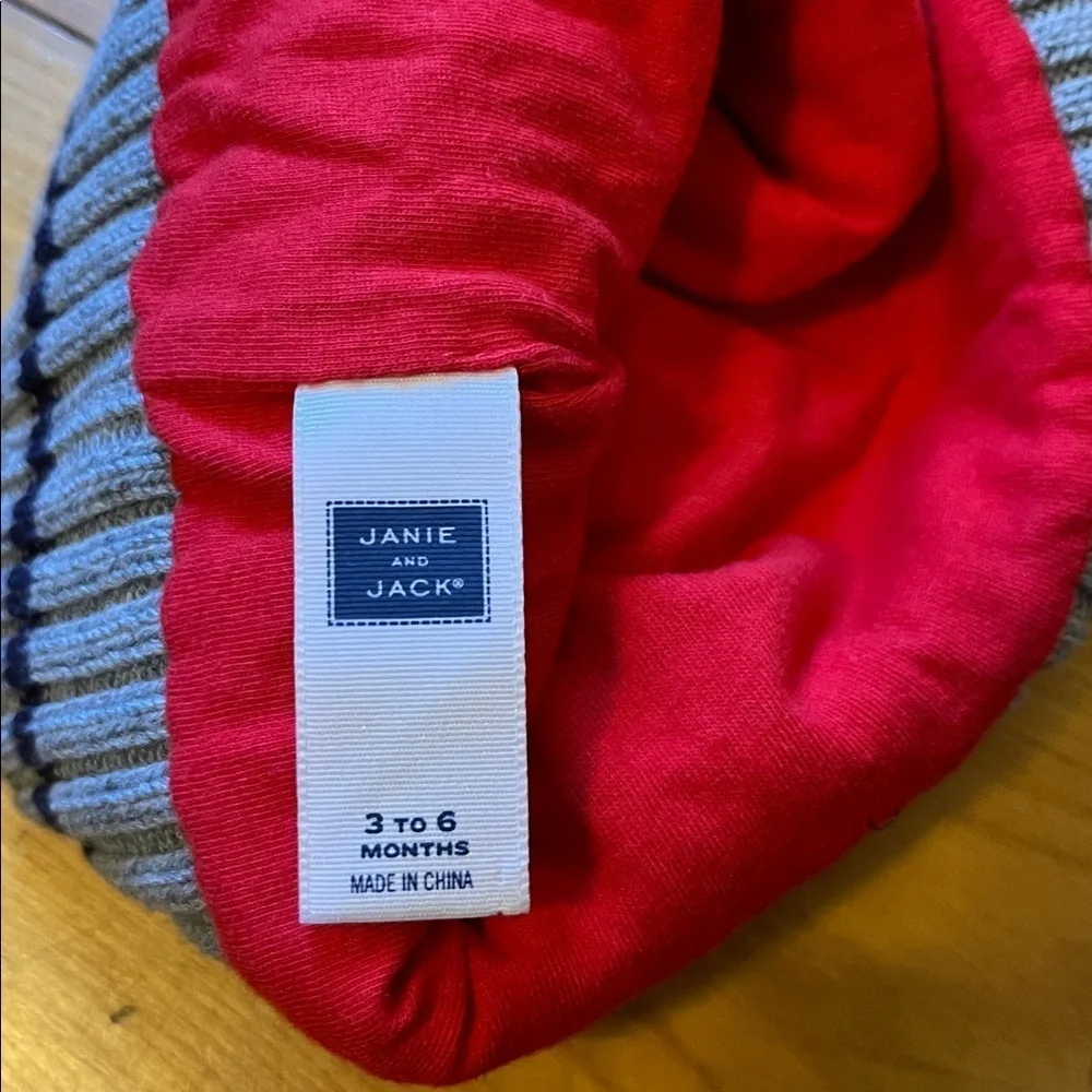 JANIE AND JACK Infant Boys 3-6mo Cotton Knit Hat Winter Beanie Red Gray EUC